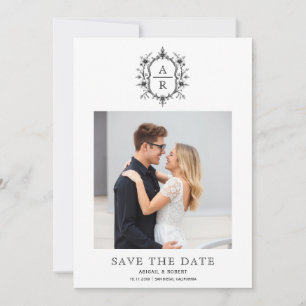 Save The Date Blason floral vintage noir et blanc en monogramme 