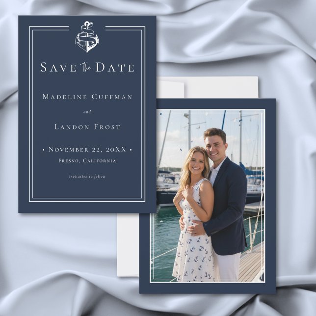 Save The Date Bleu Blanc Photo Minimaliste Nautilus Ancre Côtièr (Blue White Minimal Nautical Anchor Coastal Photo Save The Date)