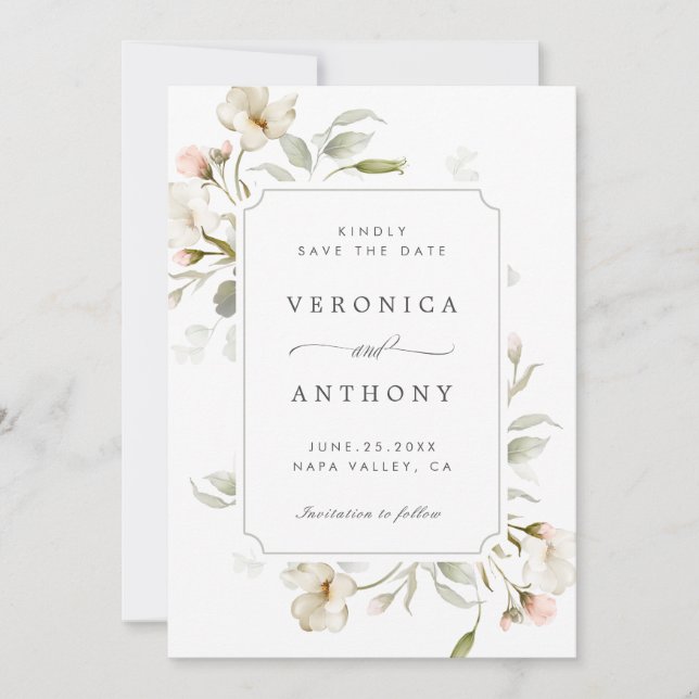 Save The Date Bleu blanc Sage Elégant Mariage Floral Photo (Devant)