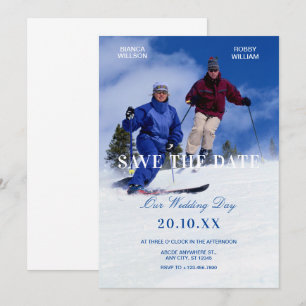 Save The Date Bleu blanc ski d'hiver photo mariage