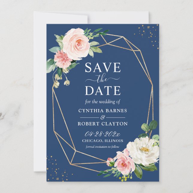 Save The Date Bleu bleu bleu bleu rose floral élégant or géométr (Devant)