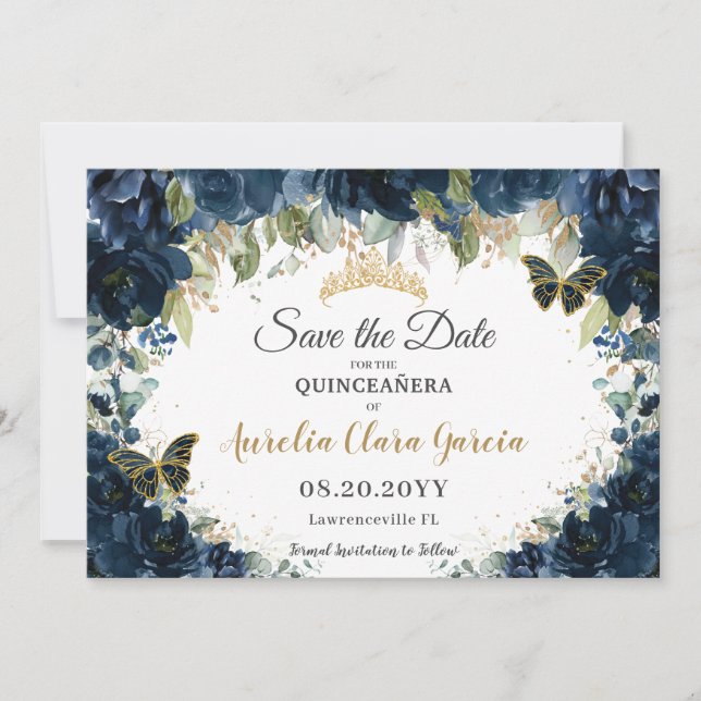 Save The Date Bleu bleu marine Quinceañera Enregistrer la date (Devant)