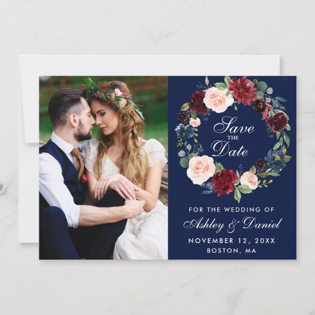 Save The Date Bleu Bourgogne Aquarelle Floral Mariage de couronn (Devant)