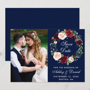 Save The Date Bleu Bourgogne Aquarelle Florale Mariage B