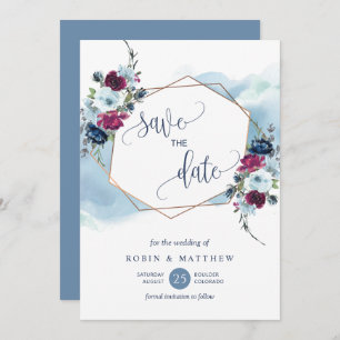 Save The Date Bleu, Bourgogne et Berry Floral, Mariage élégant