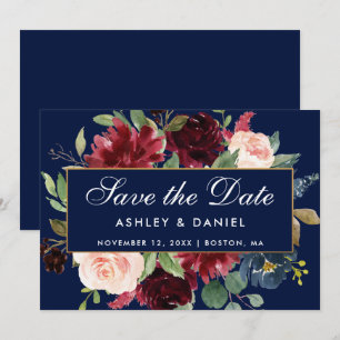 Save The Date Bleu Bourgogne Or Floral Enregistrer La Date