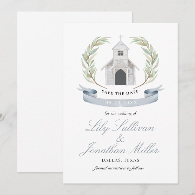 Save The Date Bleu clair Pastel Charming Mariage Church Chapelle (Devant / Derrière)