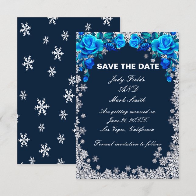 Save The Date Bleu Clair Rose Flocon de neige Noël Enregistrer l (Devant / Derrière)
