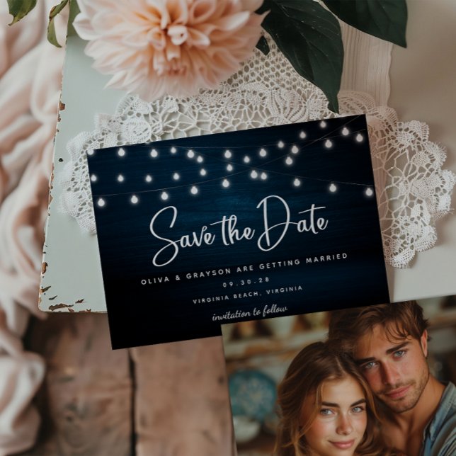 Save The Date Bleu de la Marine Bois Russe Lumières (Créateur téléchargé)