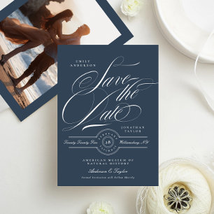 Save The Date Bleu de marine classique Élégante calligraphie Ret