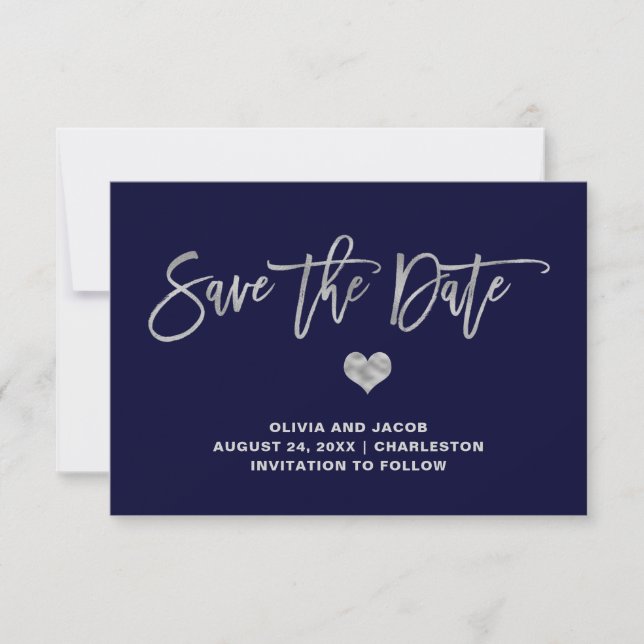 Save The Date Bleu de marine et argent avec coeur | Retour photo (Devant)
