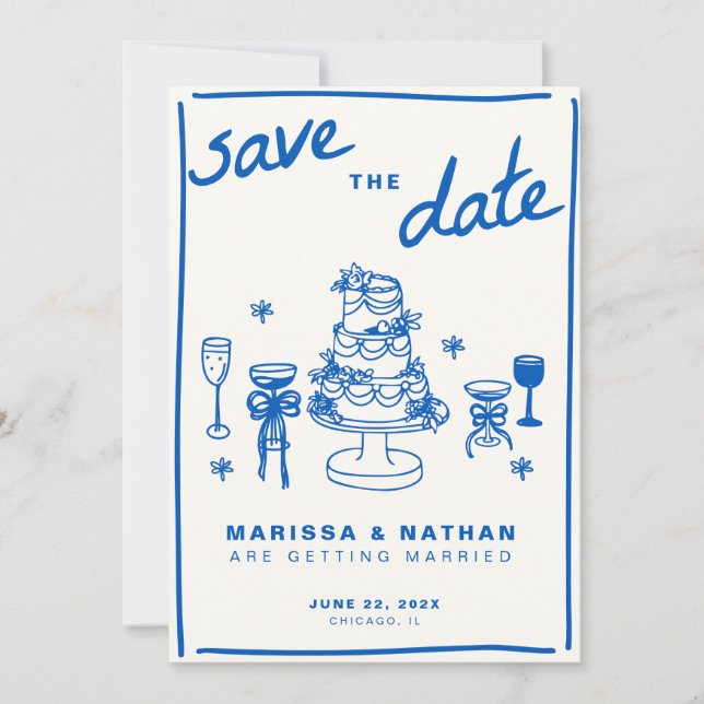 Save The Date Bleu dessiné ensemble Mariage (Devant)
