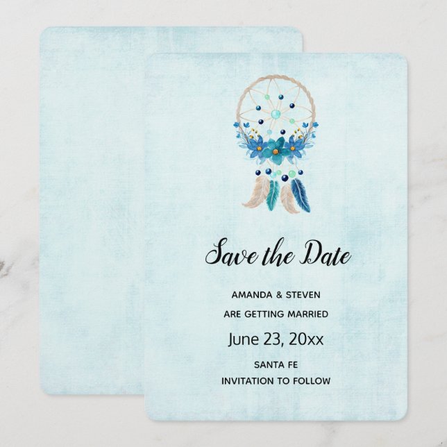 Save The Date Bleu Dreamcatcher avec Fleurs & Plumes (Devant / Derrière)