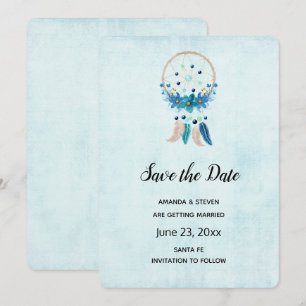 Save The Date Bleu Dreamcatcher avec Fleurs & Plumes