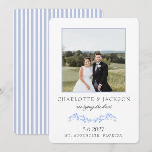 Save The Date Bleu Dusty Élégant Floral Classique Avec Photo