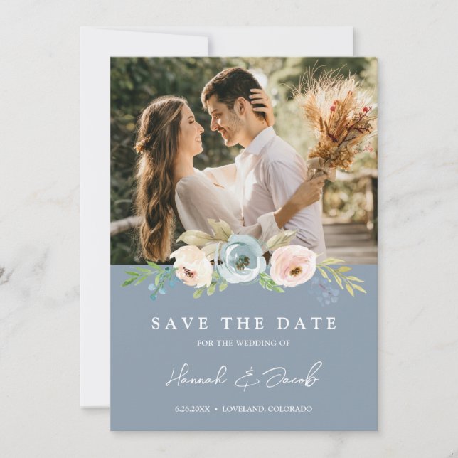 Save The Date Bleu Dusty Elegant Floral Rustic Photo (Devant)