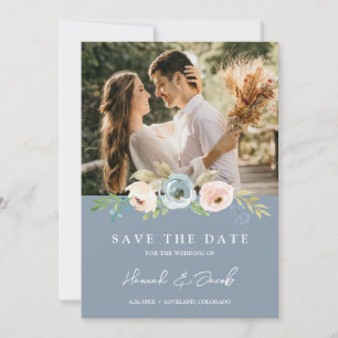 Save The Date Bleu Dusty Elegant Floral Rustic Photo