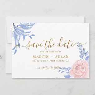 Save The Date Bleu Dusty Élégant rose Floral Rustique Mariage