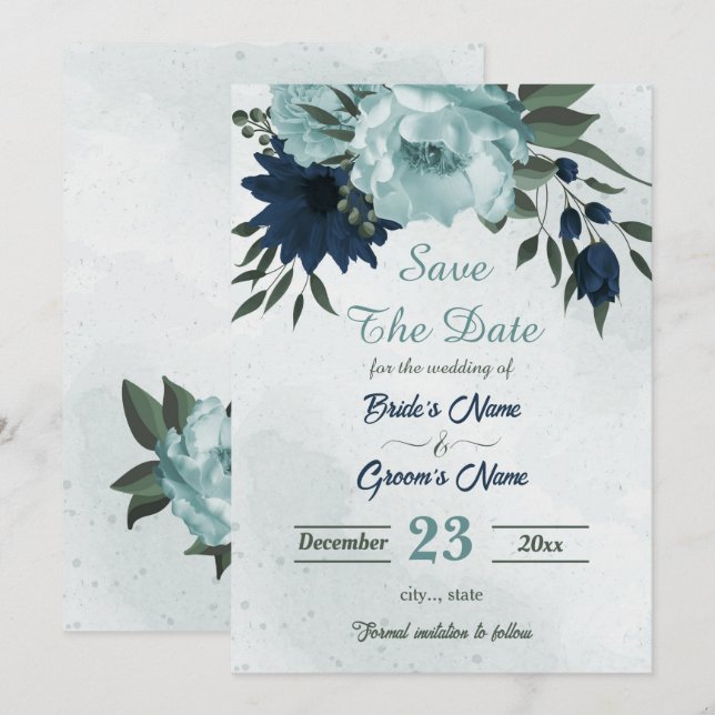 Save The Date Bleu Dusty fleurs botaniques (Devant / Derrière)