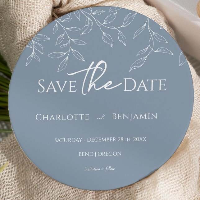 Save The Date Bleu Dusty Minimal feuille Mariage rond (Créateur téléchargé)