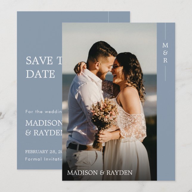 Save The Date Bleu Dusty minimaliste avec Mariage Monogramme pho (Devant / Derrière)