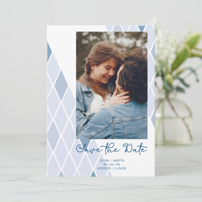 Save The Date Bleu Elegant Abstrait Photo Mariage sophistiqué  (Debout devant)