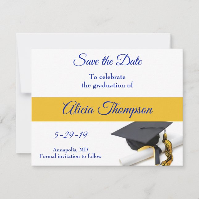 Save The Date Bleu et Jaune et Casquette de graduation et Tassel (Devant)