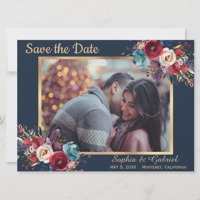 Save The Date Bleu floral de la marine bourguignonne Enregistrer (Devant)