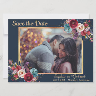 Save The Date Bleu floral de la marine bourguignonne Enregistrer