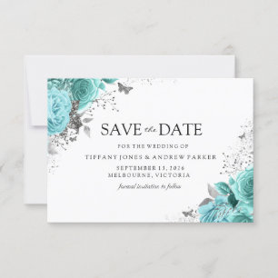 Save The Date Bleu Magique Turquoise Aqua Roses Floral Mariage