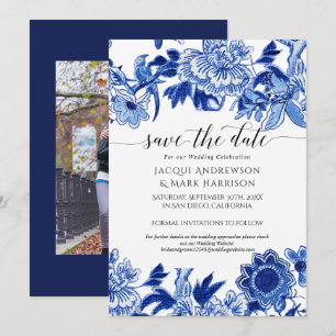 Save The Date Bleu marine et blanc Chinoiserie d'influence asiat