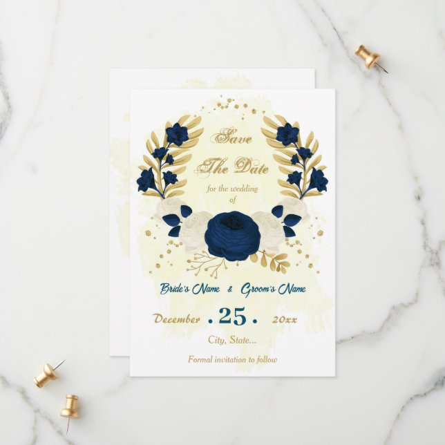 Save The Date bleu marine et fleurs blanches or botanique (Devant/Arrière en situation)