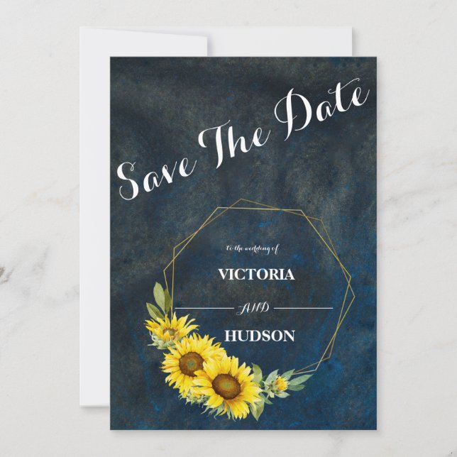 Save The Date Bleu marine et tournesols géométriques dorés (Devant)