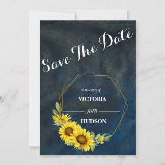 Save The Date Bleu marine et tournesols géométriques dorés