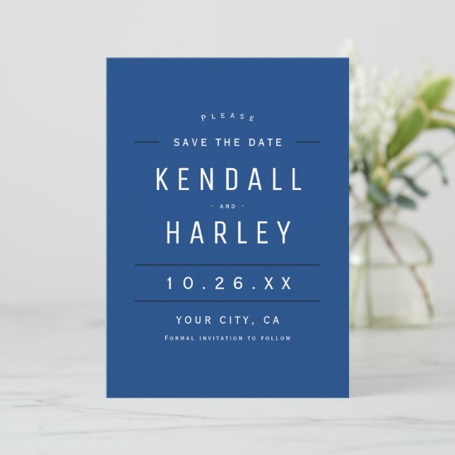 Save The Date Bleu Moderne Chic Typographie Simple Photo (Debout devant)