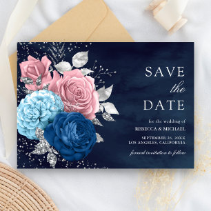 Save The Date Bleu Nuit Argent Rose Poussiéreux Fleurs Mariage