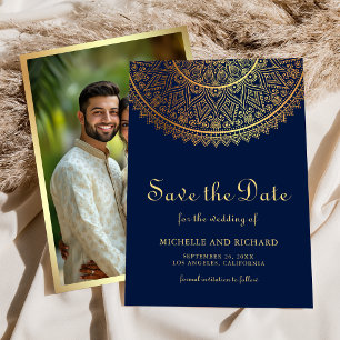 Save The Date Bleu Nuit Mandala Indien Mariage Photo Or
