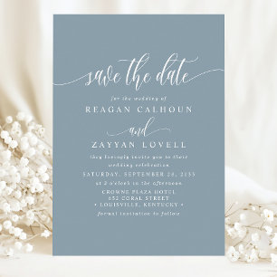 Save The Date Bleu Poussiéreux Calligraphie Élégante Enregistrer