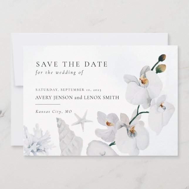 Save The Date Bleu Poussiéreux Coquillage Orchidée Blanche Plage (Devant)
