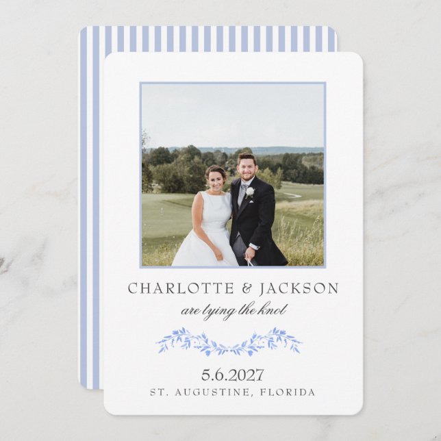 Save The Date Bleu Poussiéreux Élégant Classique Floral Avec Pho (Devant / Derrière)