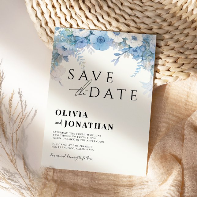 Save The Date Bleu Poussiéreux Élégant Fleurs de Mariage (Créateur téléchargé)
