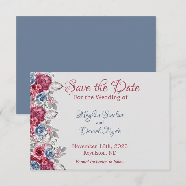 Save The Date Bleu poussiéreux et floral bordeaux profond (Devant / Derrière)