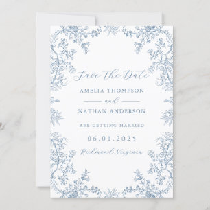 Save The Date Bleu Poussiéreux Floral Mariage Vintage Économisez