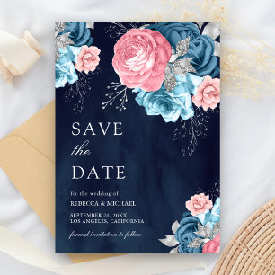 Save The Date Bleu poussiéreux Rose florale Navy Mariage