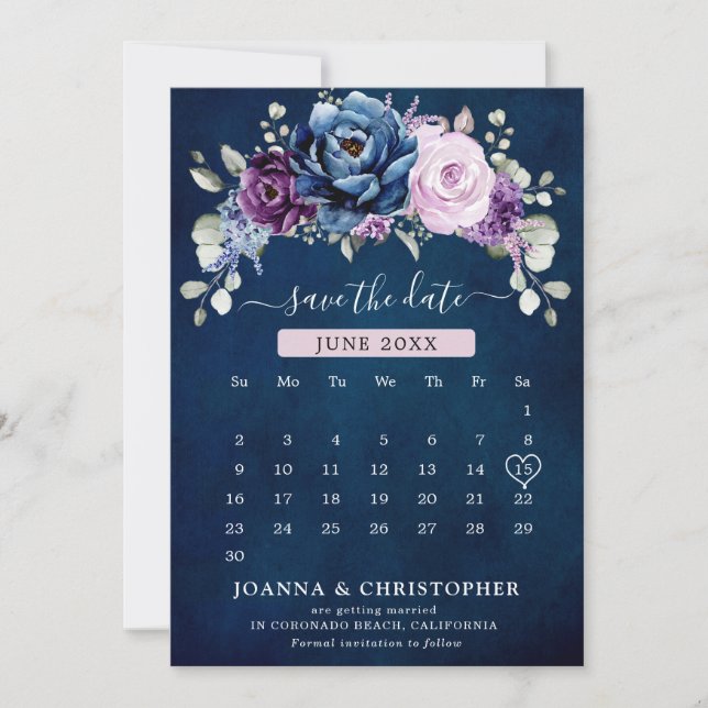 Save The Date Bleu poussiéreux Violet Navy Lilac Fleurs Calendri (Devant)
