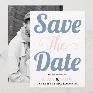 Save The Date Bleu roux, typographie rose et photo sur le dos