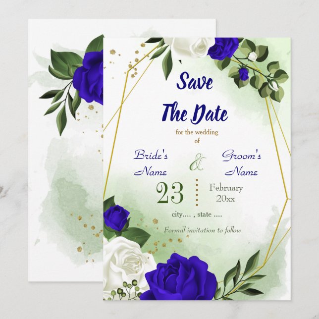 Save The Date bleu royal blanc fleuri vert or géométrique (Devant / Derrière)
