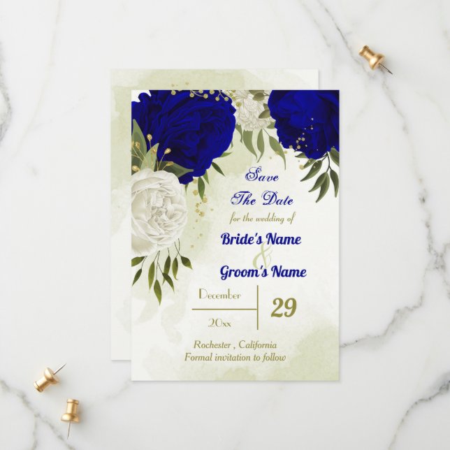 Save The Date bleu royal fleurs blanches vert feuilles (Devant/Arrière en situation)