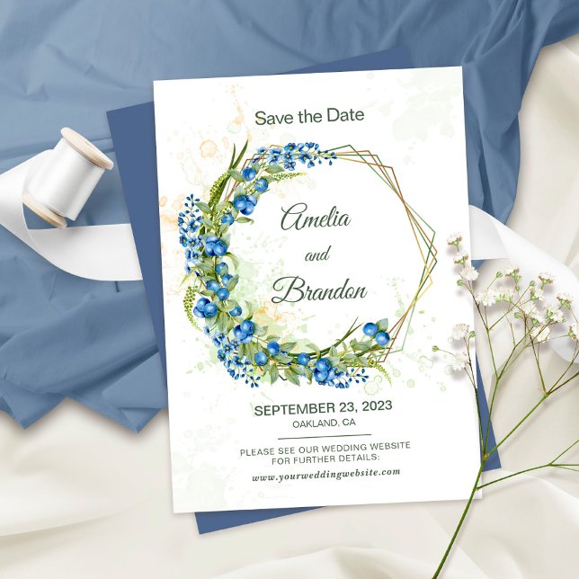 Save The Date Bleu Rustique avec Motif Botanique de Myrtille pou (Créateur téléchargé)