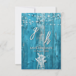 Save The Date Bleu Rustique Bois lampes à cordes Enregistrer les